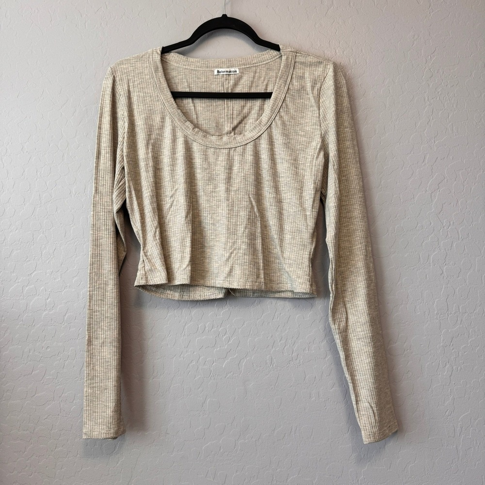 Reformation XLarge Crop Top Heather Beige Long Sleeve Ribbed Scoop Neck Tencel